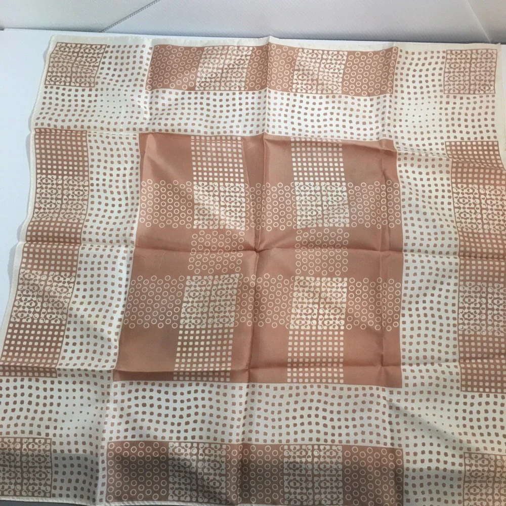 MCM Vintage Scarf Tan White Geometric Abstract 27 in Square Rolled Hem